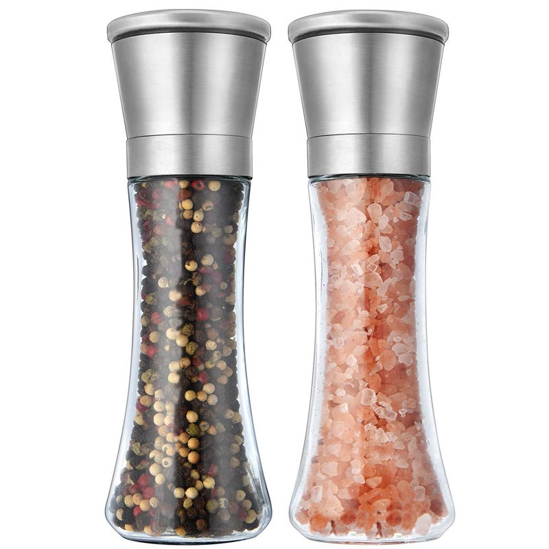 Mincham Elegant Pepper and Salt Grinder Set of 2, Best Spice Mill with Brushed Stainless Steel Cap, Ceramic Blades, Adjustable Coarseness, and Refillable Tall Glass Body with 6OZ Capacity (7.5"). - Image 1